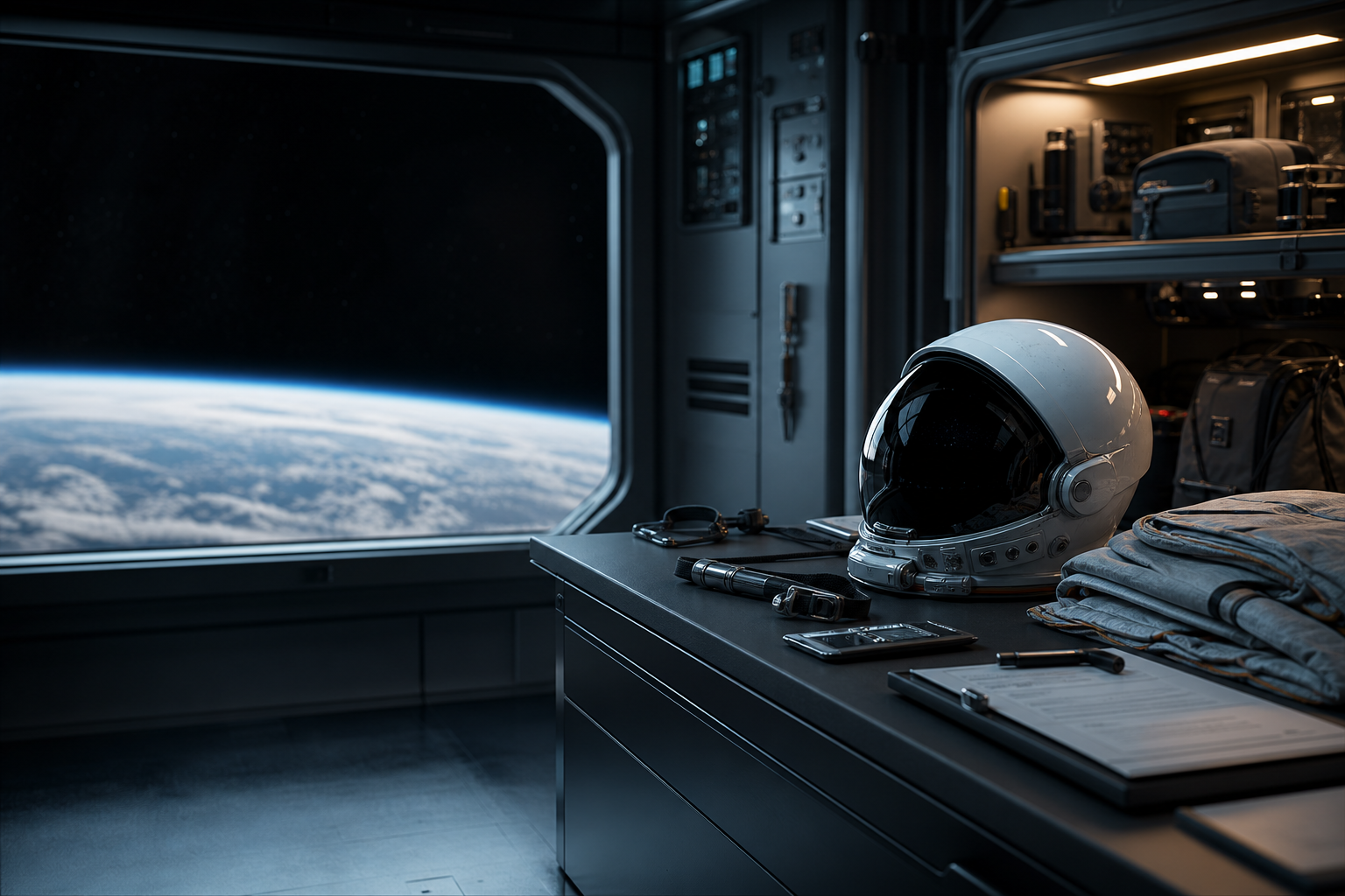 Aerospace crew profile equipment with Earth outside a window