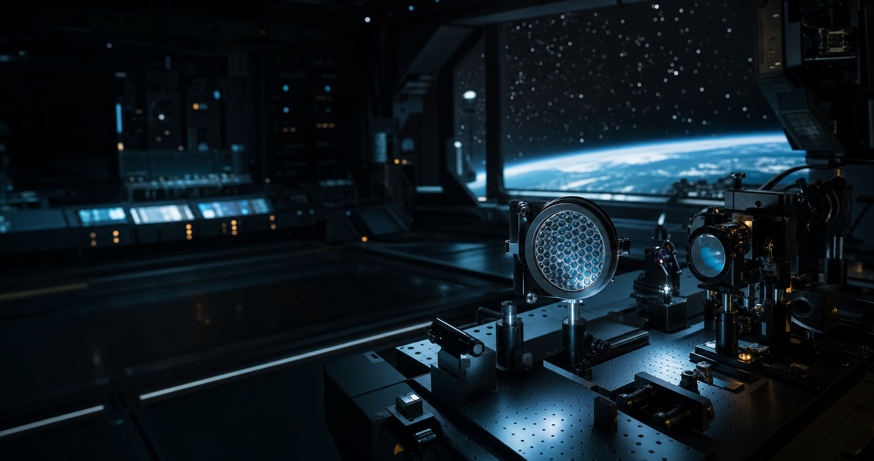 Aerospace optical laboratory console with Earth outside a window