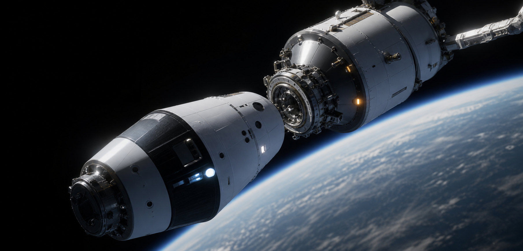 Unbranded spacecraft docking above Earth