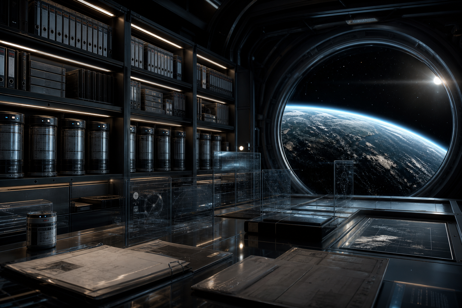Aerospace mission archive with Earth visible through a window